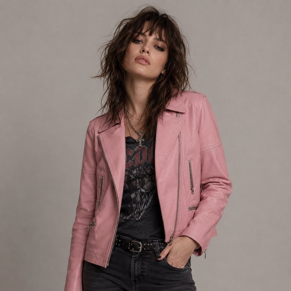Together Pink Leather Moto Jacket Women’s 14 Biker Y2K Barbiecore New